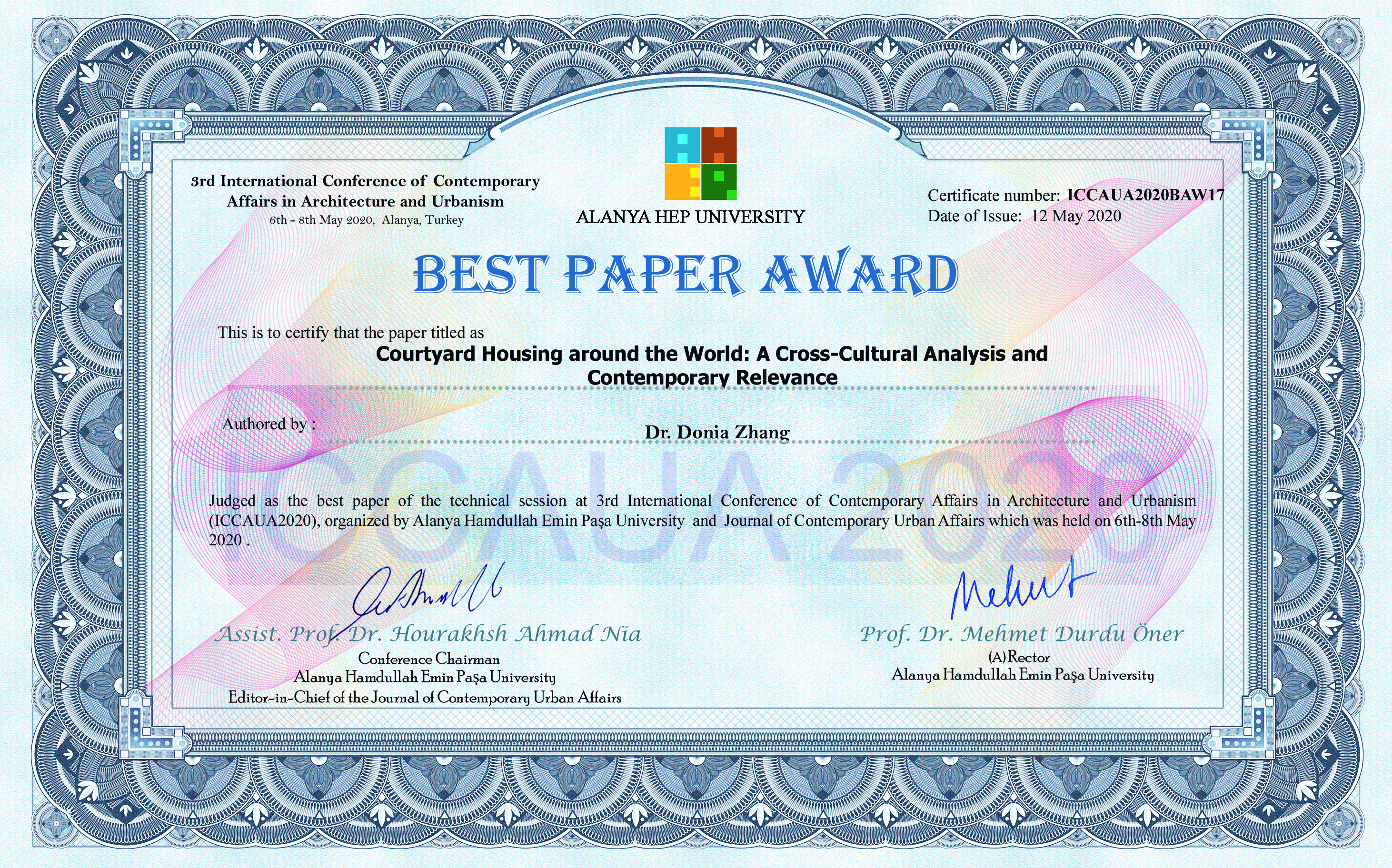 ICCAUA2020BAW17_Dr_Donia_Zhang_Best_Paper_Award_Certificate